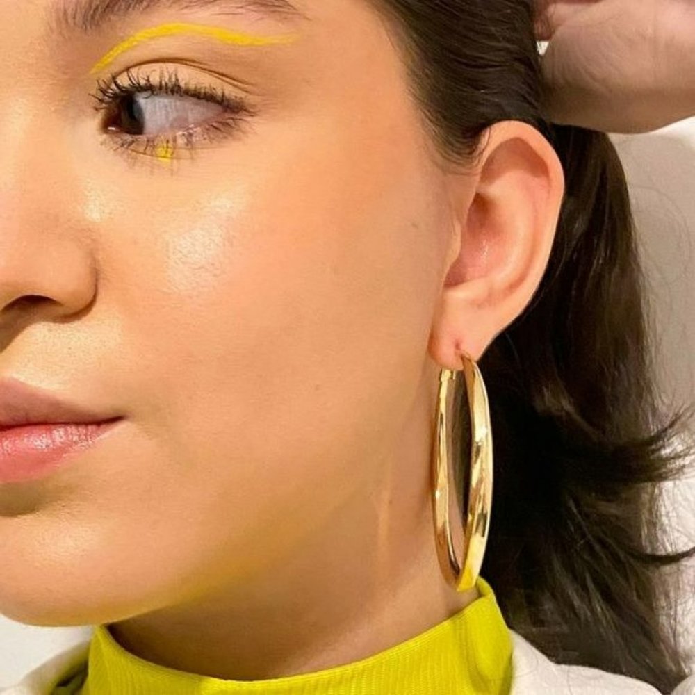 NEW 18K Gold Plated Chunky Big Circle Drop‎ Hoop Earrings 2 1/4”